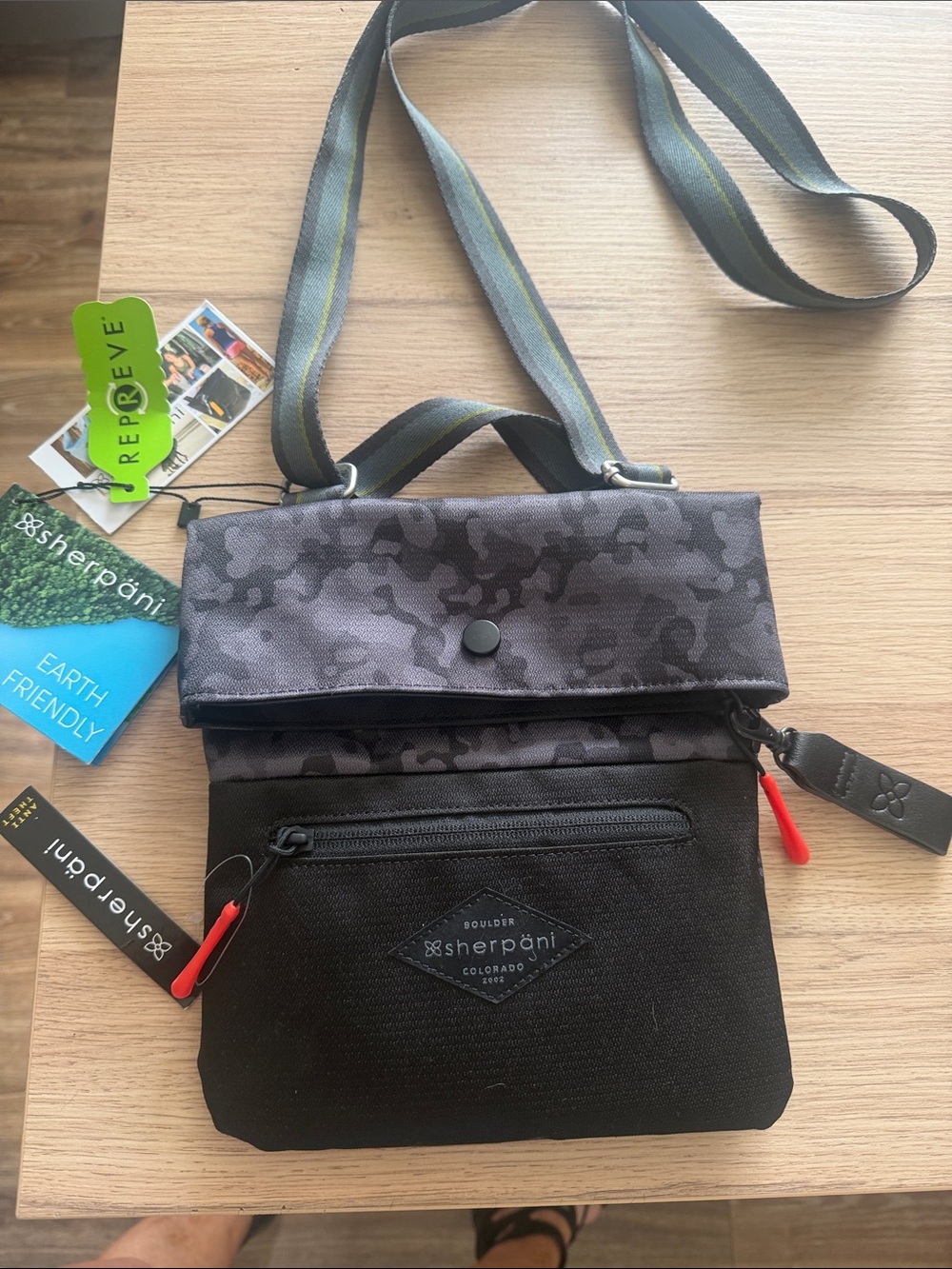 Sherpani Black & Gray Fold-Over Crossbody with Striped Strap
